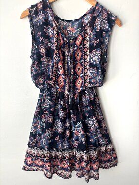 Hollister Chiffon Mini Dress Womens S Navy Blue Geometric Floral Tassel Boho Ska